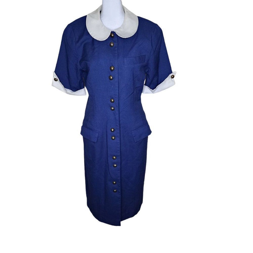 Vintage 70s Shirt Dress Womens Size M Blue Peter Pan Collar Secretary Modest